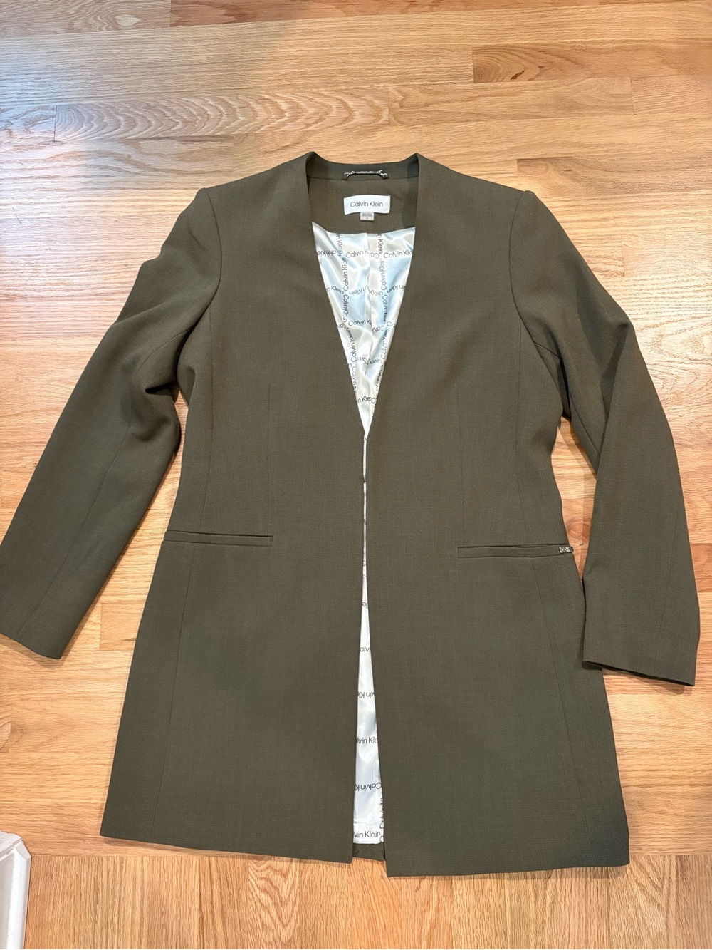 Calvin Klein Olive Open Front Long Blazer Sz 12